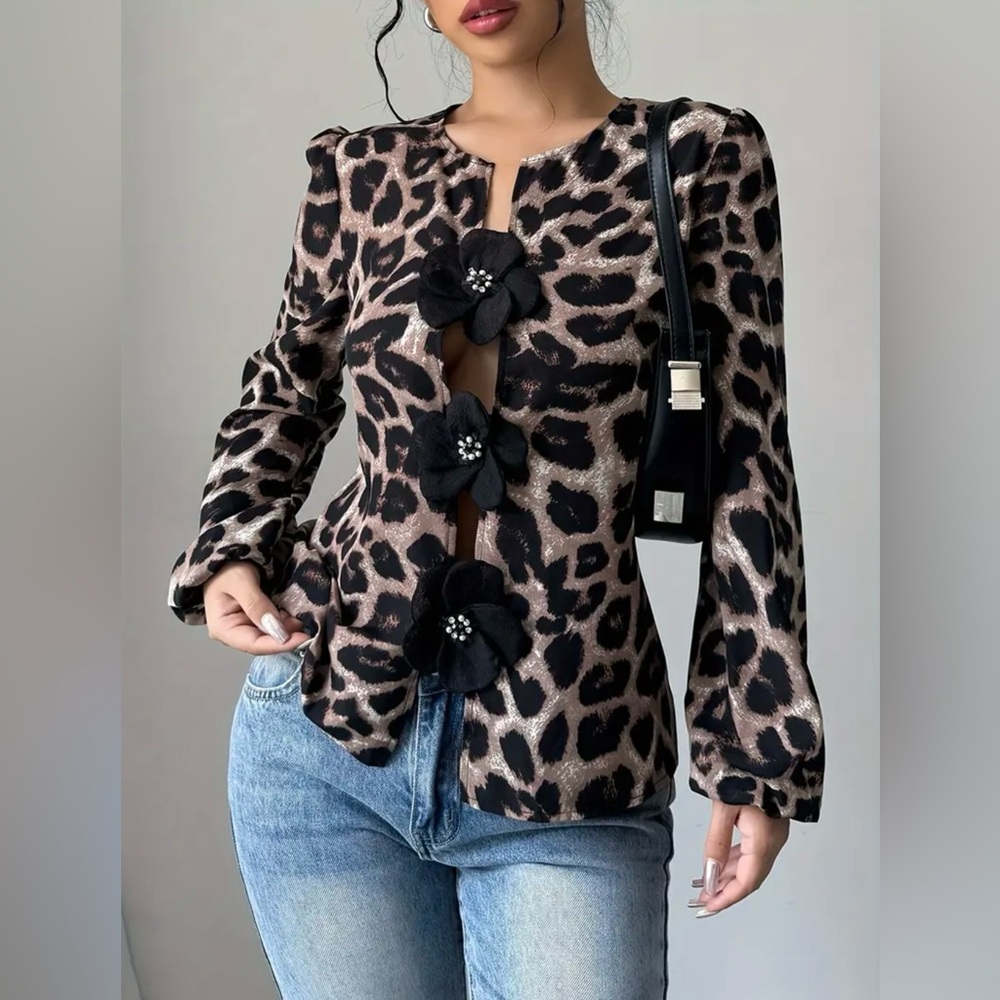 Leopard Print Women's Top with Black Floral Accents